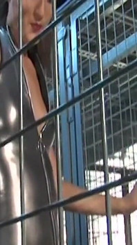 Caged Blonde Slut Tonguing Dripping Pussy in Fishnets