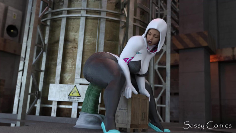Sassy comics: Gwen Spiderman Stacy menunggang dildo gaya goblin hijau yang besar