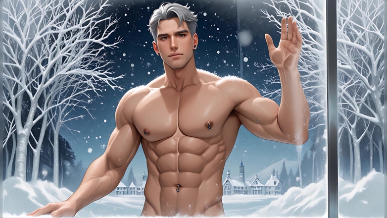 LustMen: Mature Silver Fox Model Standing Nude in Glass House Winter...