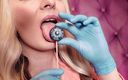 Arya Grander: ASMR: blue nitrile gloves and candy sucking, wearing pink PVC...