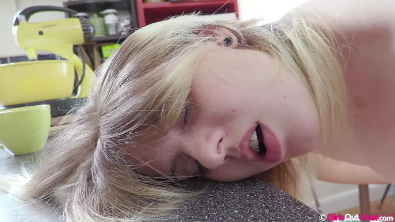 Girls Out West: Small titted blonde Katie Gee fingers her hairy pussy in...
