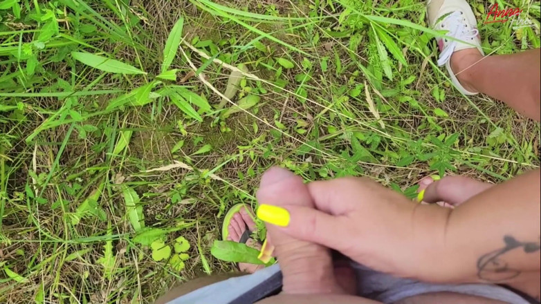 Anna Fire: Stepmom holds stepson's cock while he pees in nature