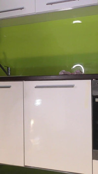 Une femme au foyer blonde excitée à la chatte rasée et charnue enlève sa culotte pour montrer son cul nu dans la cuisine