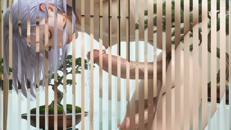 TransLure: Waifish Futa on Knees Stroking Hanging Cock Under Water Spray