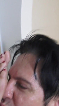 Princesses Cum Eating Footboy. Chastity Sperm Drinking Slave Dominated Under Feet with Reserve Footjob.
