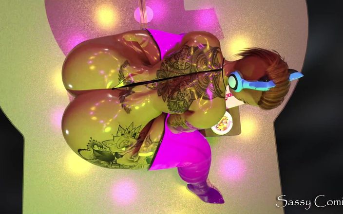 Sassy comics: 大きなお尻のダンサーがステージ上の巨大なディルドに乗る - アナル3Dアニメーション
