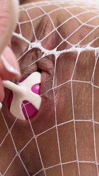Trapped Pussy in White Fishnets, Toy Inside & Foot Tease
