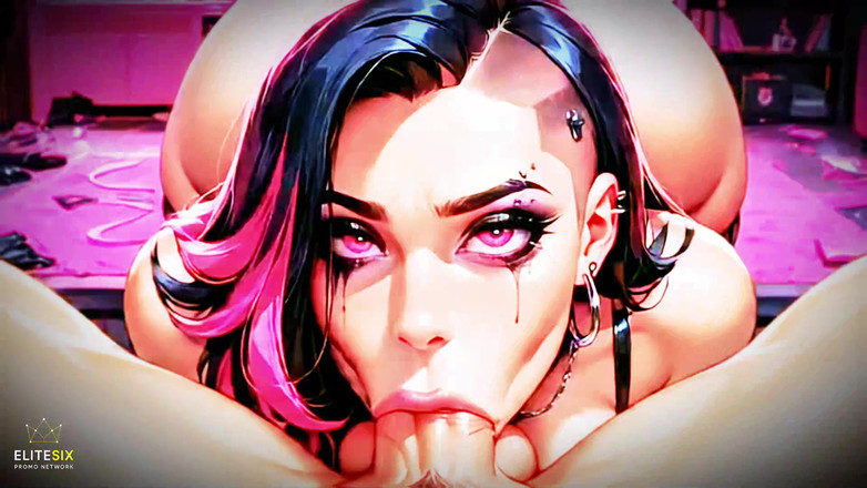 AI Visuals X: Goth Black Merah jambu dengan rambut merah jambu jalang bertetek...