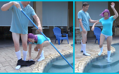 Milf Stella: MILF in granny panties & tube socks plays with pool boy