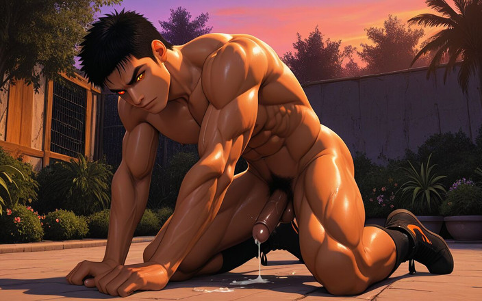 LustMen: Muay Thai Fighter Kneeling with Cum Dripping From Erect Dick...