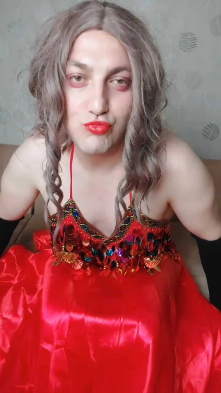 Kitty_Cross: Belly Dancer Femboy in Red Seductive Dress