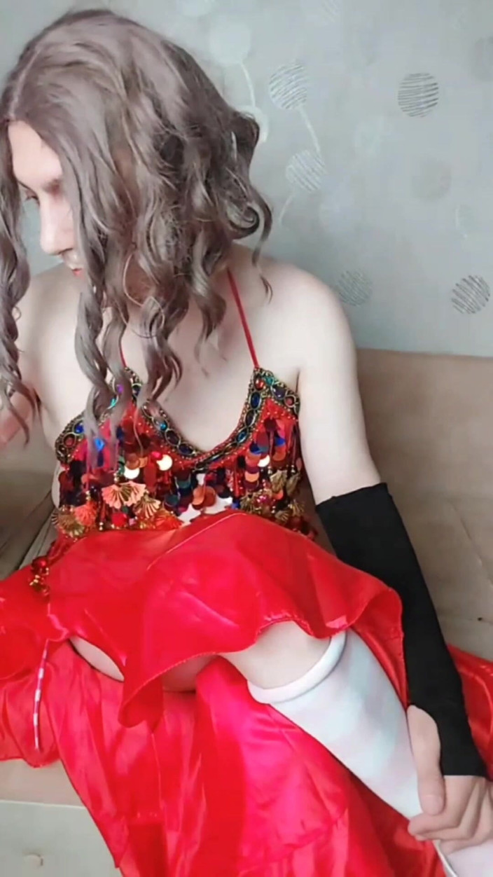 Kitty_Cross: Belly Dancer Femboy in Red Seductive Dress