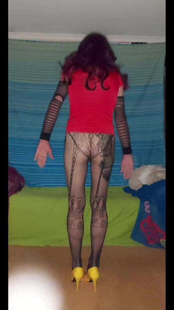 Lizzaali: Scene 1 of red top black fishnet pantyhose and fur coat...