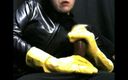The flying milk wife handjob: Yellow Rubber Gloves Wife Jerking Me