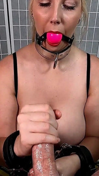Restrained Handjob - Ball Gag, Restrained, Blonde Bimbo Gives a Hand Job