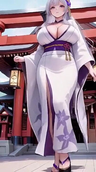 Segreti del Santuario miko dai capelli argentati! Kimono bianco mezza sbottonata, pose inginocchiata e intenso contatto visivo.