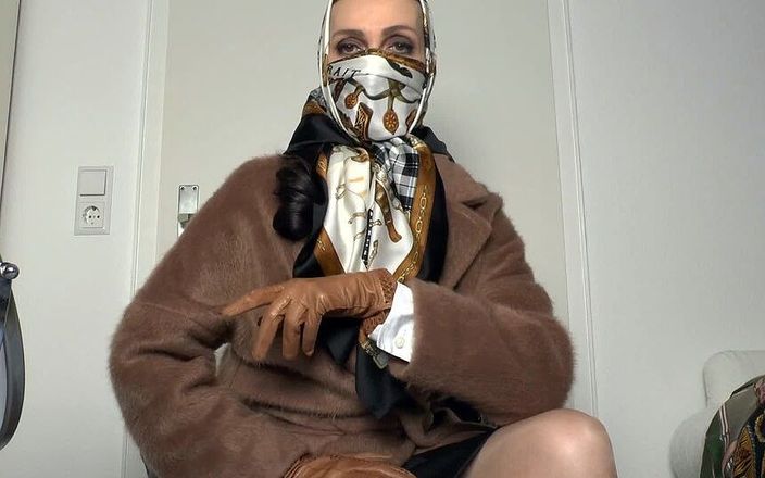 Lady Victoria Valente: Silk Scarves Mask and Headscarf with the Brown Winter Coat