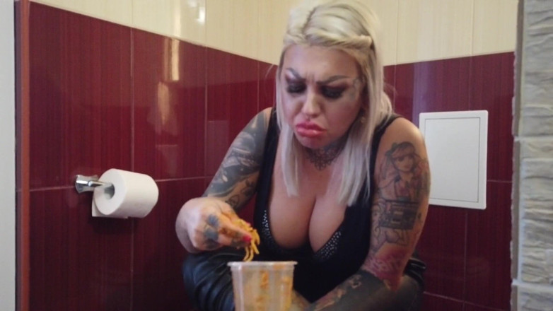 Fetish videos by Alex: Blonde Tattooed MILF Eats Spaghetti on the Toilet