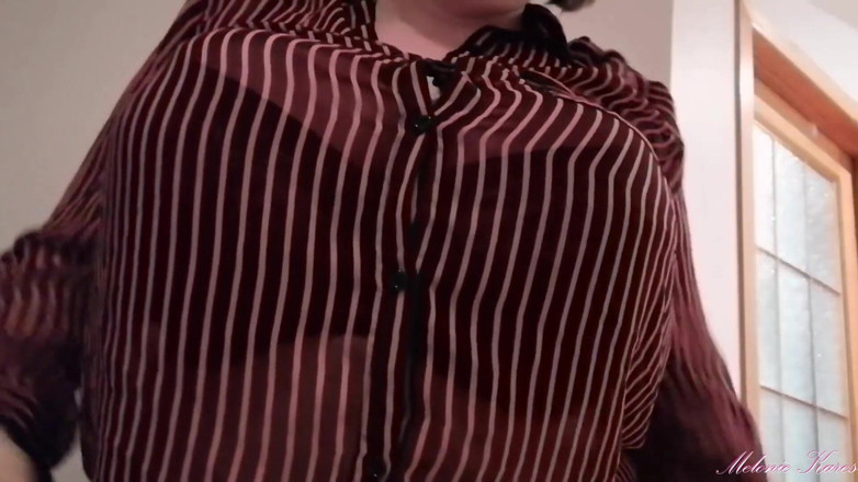 Melonie Kares: Black bra blouse big boobs bounce POV