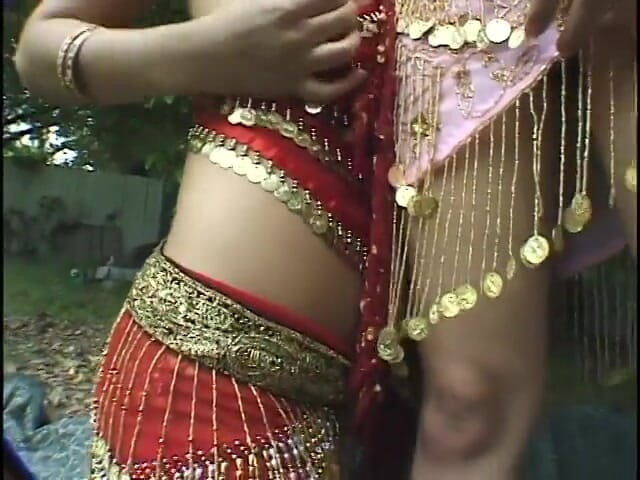 Girl on Girl: Wild bellydancers with great tits do scissoring with massive dildo