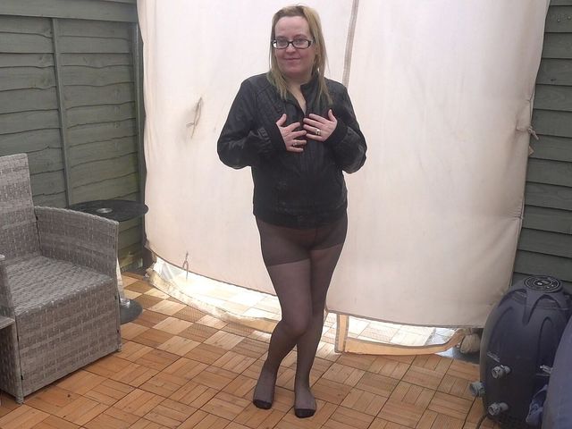 Black Pantyhose and Leather Coat Flashing in the Yard (Horny vixen)