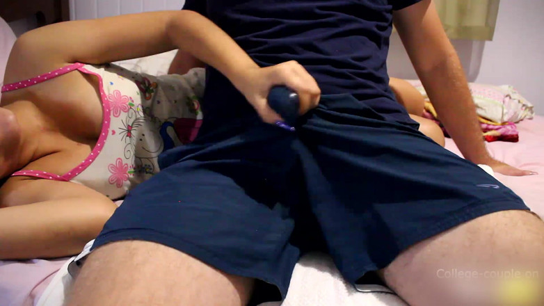 College-couple: Handjob over shorts, cum through clothes