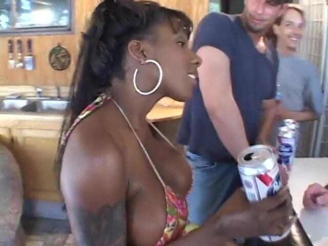 Hot and Wet: Black MILF with huge jugs runs into a horny group...