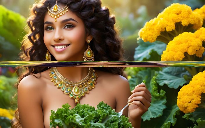 AI Girls: Beautiful Big Breasted Nude Indian Elf Girl with Kale (curly)