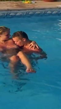 Busty blondie gets cum in mouth while fucking by the swimming pool