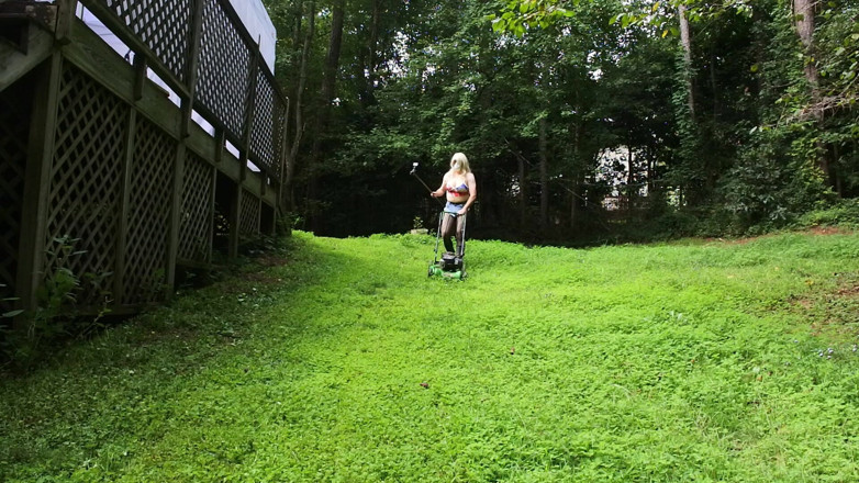 Jon Screcrow: Big Fake Tits Crossdresser in Daisy Dukes Mowing Grass