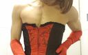 Jessica XD: Збочена брюнетка демонструє свою пизду xxx black red corset, панчохи, 6 підтяжок страпонів, мереживна білизна, червона оперна атласна рукавичка