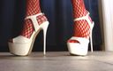 Abby Anna: Sexy Spiked White High Heels Red Fishnet Stockings