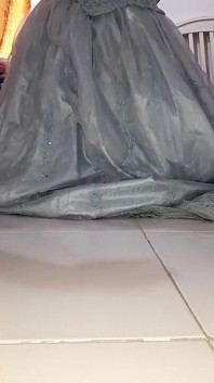 Asian Crossdresser Cum Wearing Satin Wedding Dress Ball Gown