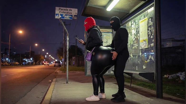 Animate golden: Big Ass Latina in Tight Leather Pants at Bus Stop...