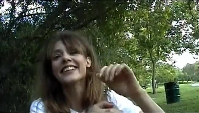 Public Lust: Brunette slut tugs guy's cock outdoors