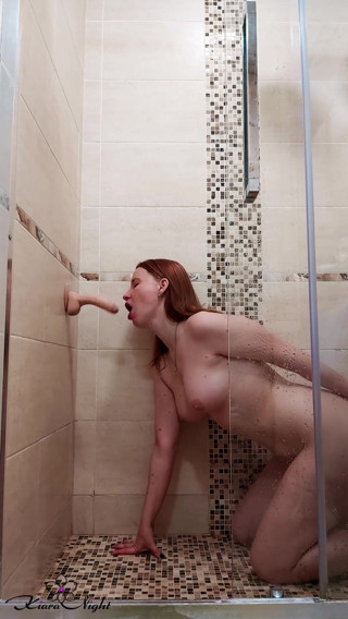Kiara Night: Juicy redhead sucks and masturbates to crazy orgasm with dildo...