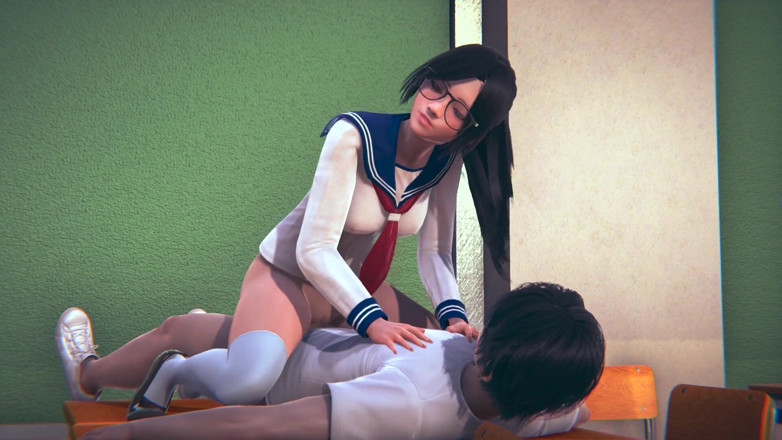 Waifu club 3D: A college girl with glasses sits on a classmate's cock
