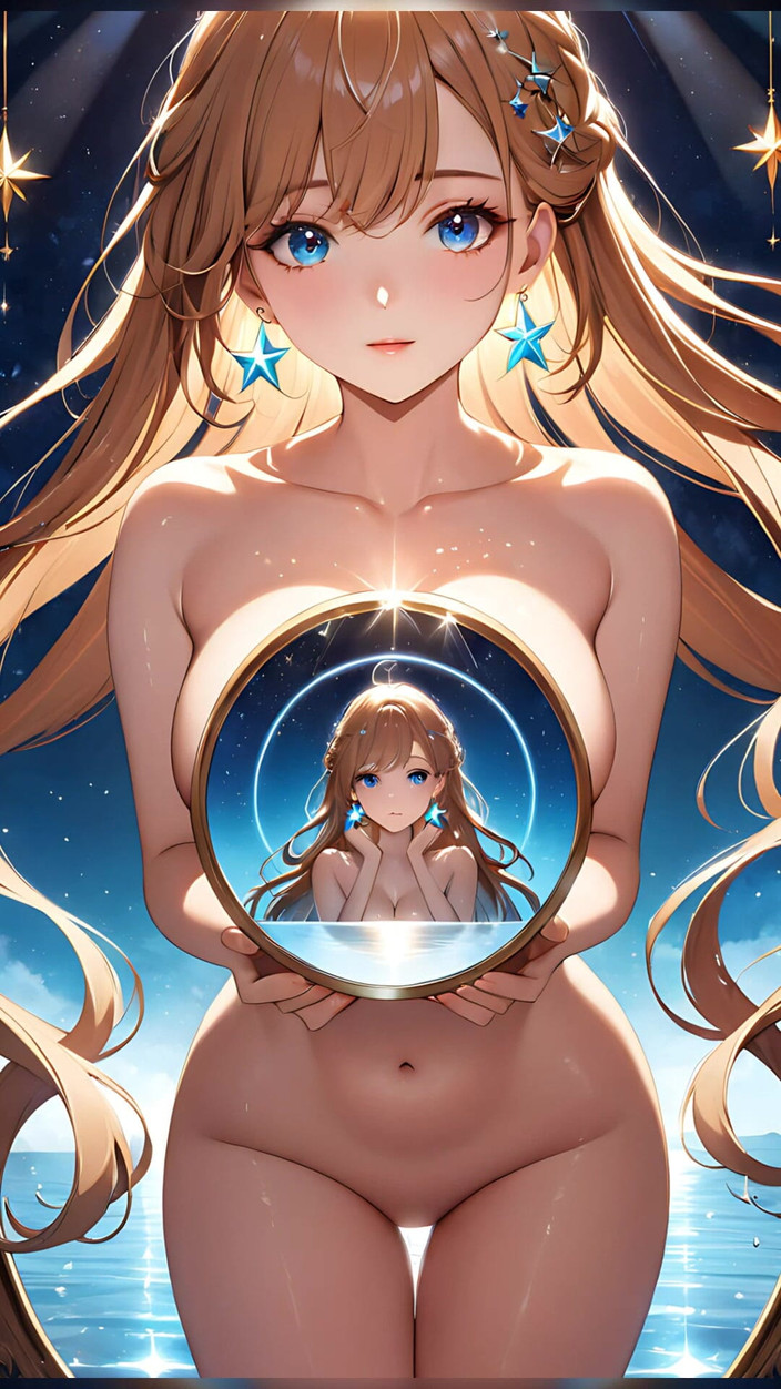 LustRender: Отражение starlit - ai-девушка держит в руках волшебное зеркало