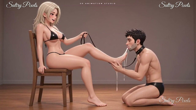 Sultry Pixels 3D: Vysoká latexová blondýnka vede svého límečkového muže za vodítko - noha...