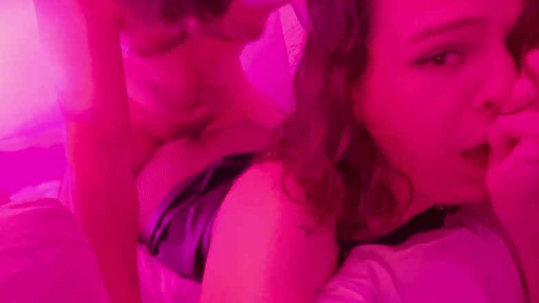 Melodyfluffington: Gorgeous Goth T-girl Fucked Hard in Pink-light with Cumswallowing