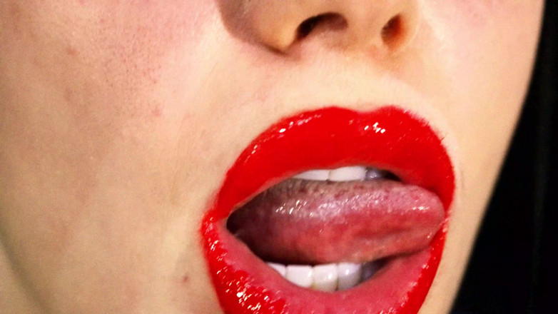 Goddess Misha Goldy: Red lips and a games with liquids and saliva! Milk...