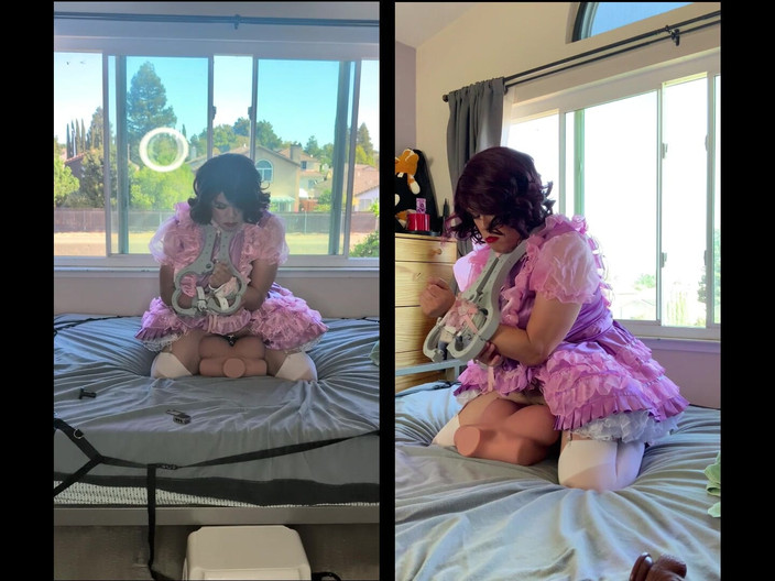 Sissy Candy: La cameriera sissy rosa di raso cavalca il giocattolo della...