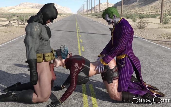 Sassy comics: Harley Quinn, Joker, Batman public threesome on highway road in...