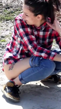 Desperate Girl with Full Bladder Has to Pee on a Dirt Road