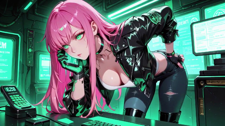 Tay Swift X: Rozeharige leren tech! Privé vibes in een neon verlichte cybercorridor.