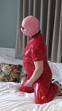 Hot Masked Cumslut in Full Red Pvc Catsuit