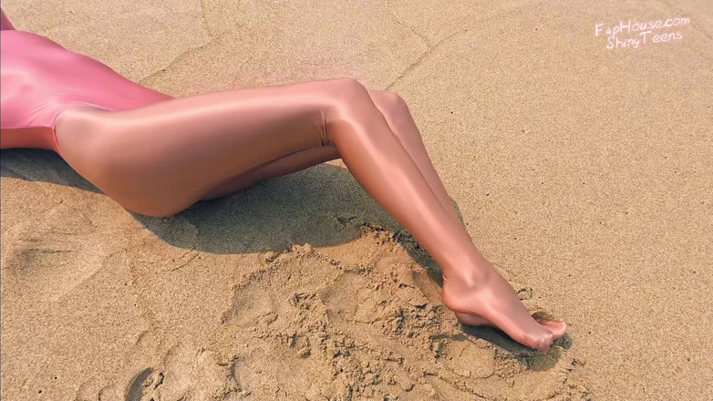 Shiny teens: 901 Shiny Gold Spandex Pantyhose and Leotard on the Beach