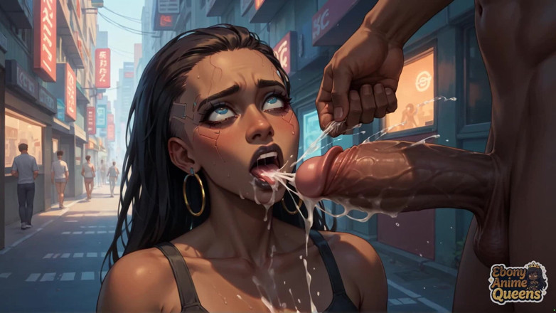 Ebony Anime Queens: Cybernetic Ebony Queen's Milk Gushing Orgasm in Neon City! Warm...