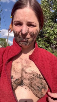 Licking Mud, Spit From Path, Walking with Dirt on Face and Tits