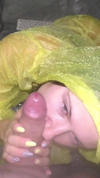 Horny Girlfriend Offered Blowjob with Raincoat In Shower With Cum On Face